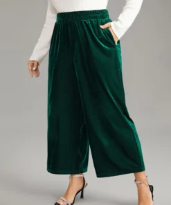 Solid Textured Velvet Elastic Waist Gathered Pants -Clothing Shop 683537092 dt
