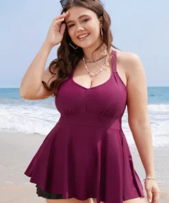 Plain Ruffles Crossover Back Adjustable Straps Tankini Top