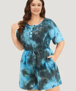 Tie Dye Button Up Ties Raglan Sleeve Jumpsuit