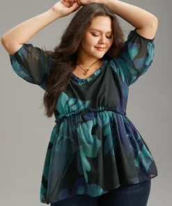 Square Neck Floral Frill Trim Mesh Ruffles Blouse -Clothing Shop 684241424 rt