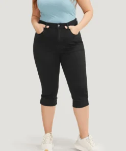 Very Stretchy High Rise Black Wash Rivet Detail Knee Denim Shorts