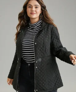 Solid Buckle Detail Zipper Quilted Coat