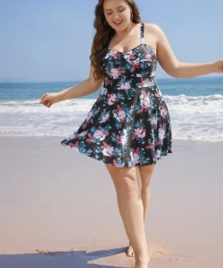 Floral Print Crossover A Line Ruffle Hem Swim Dress -Clothing Shop 685267282 mc