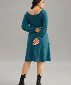 Rib Knit Ties Square Neck Lantern Sleeve Dress -Clothing Shop 685429183 ub