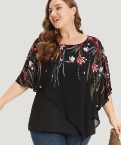 Floral Print Crochet Mesh Asymmetrical Batwing Sleeve Blouse 24 Floral Print Crochet Mesh Asymmetrical Batwing Sleeve Blouse -Clothing Shop 685436279 bh