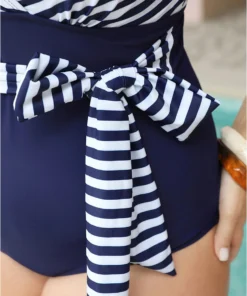 Striped Patchwork Wrap Knot Front One Piece Swimsuit -Clothing Shop 685678043 he