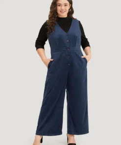 Solid Button Through Pocket Tank Jumpsuit