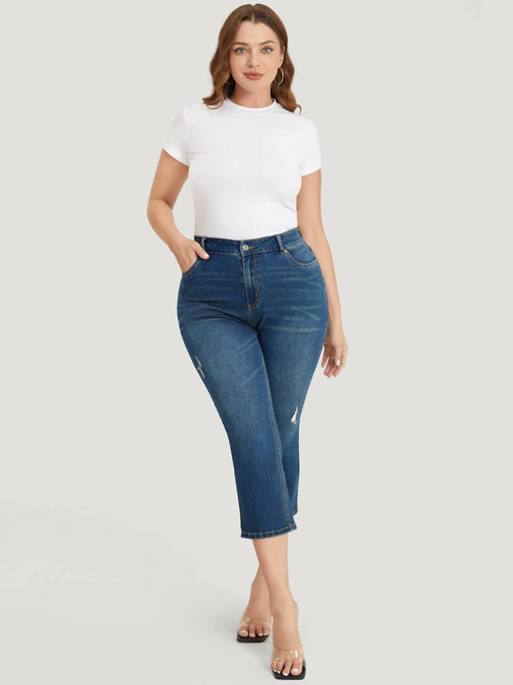 Very Stretchy High Rise Medium Wash Ripped Detail Cropped Jeans 4 Very Stretchy High Rise Medium Wash Ripped Detail Cropped Jeans - Image 2