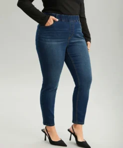 Dark Wash Skinny Elastic Waist Jeans -Clothing Shop 68589935 xl