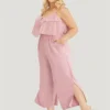 Solid Ruffle Trim Pocket Split Hem Keyhole Cami Jumpsuit