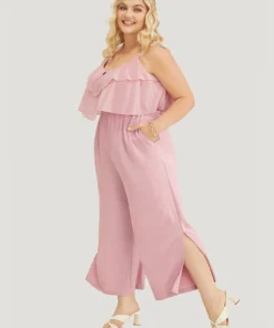 Solid Ruffle Trim Pocket Split Hem Keyhole Cami Jumpsuit