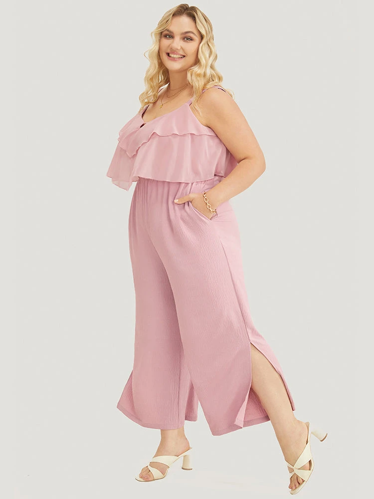 Solid Ruffle Trim Pocket Split Hem Keyhole Cami Jumpsuit 3 Solid Ruffle Trim Pocket Split Hem Keyhole Cami Jumpsuit