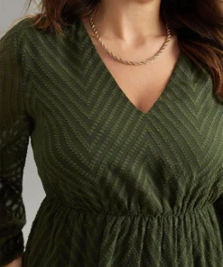 Plain Textured V Neck Hanky Hem Dress -Clothing Shop 686596221 ds