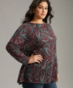 Paisley Print Round Neck Slightly Stretchy T-shirt -Clothing Shop 686605497 eq