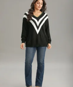 Striped Contrast Trim Long Sleeve Pullover -Clothing Shop 687878221 pn