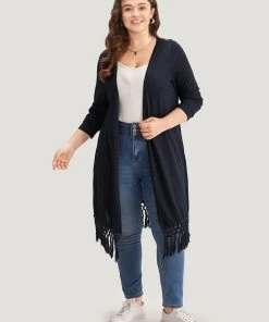 Plain Patchwork Open Front Tassel Trim Kimono 12 Plain Patchwork Open Front Tassel Trim Kimono -Clothing Shop 688111577 cm