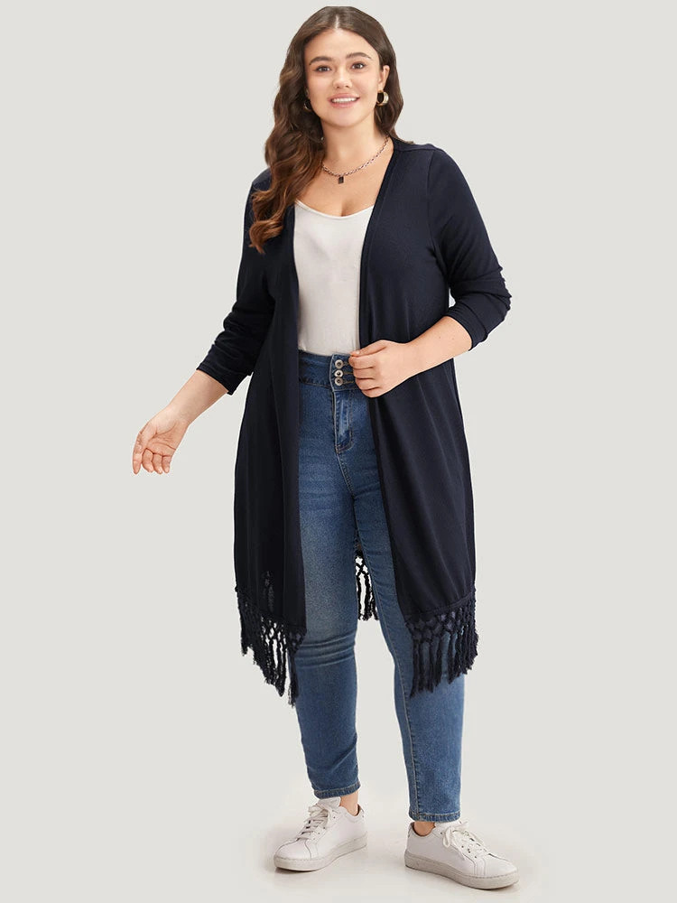 Plain Patchwork Open Front Tassel Trim Kimono 6 Plain Patchwork Open Front Tassel Trim Kimono - Image 4