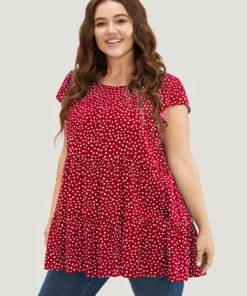 Allover Print Cap Sleeve Ruffle Hem Gathered Blouse -Clothing Shop 688362242 wn 01822281 a78c 4980 b582 7d917a1e5b04