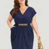 Plain Wrap Gathered Curved Hem Metal Detail Belted Dress