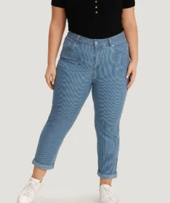 Striped Print Roll Hem Zipper Fly Jeans -Clothing Shop 688651416 jk