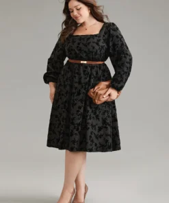 Silhouette Floral Print Flocking Square Neck Gathered Dress