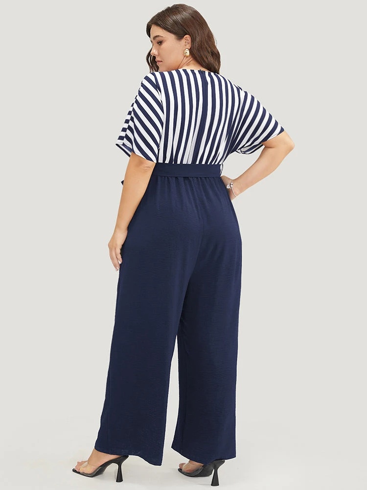 Striped Patchwork Pocket Batwing Sleeve Belted Wrap Jumpsuit 5 Striped Patchwork Pocket Batwing Sleeve Belted Wrap Jumpsuit - Image 3
