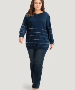 Striped Metal Button Detail Elastic Cuffs Pullover -Clothing Shop 68966043 kj