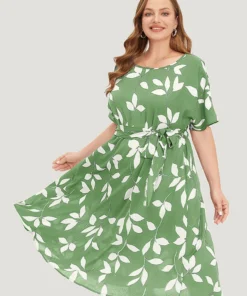 Leaf Print Pocket Belted Dress -Clothing Shop 689702269 kr