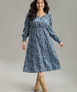 Ditsy Floral Shirred Pocket Lantern Sleeve Dress