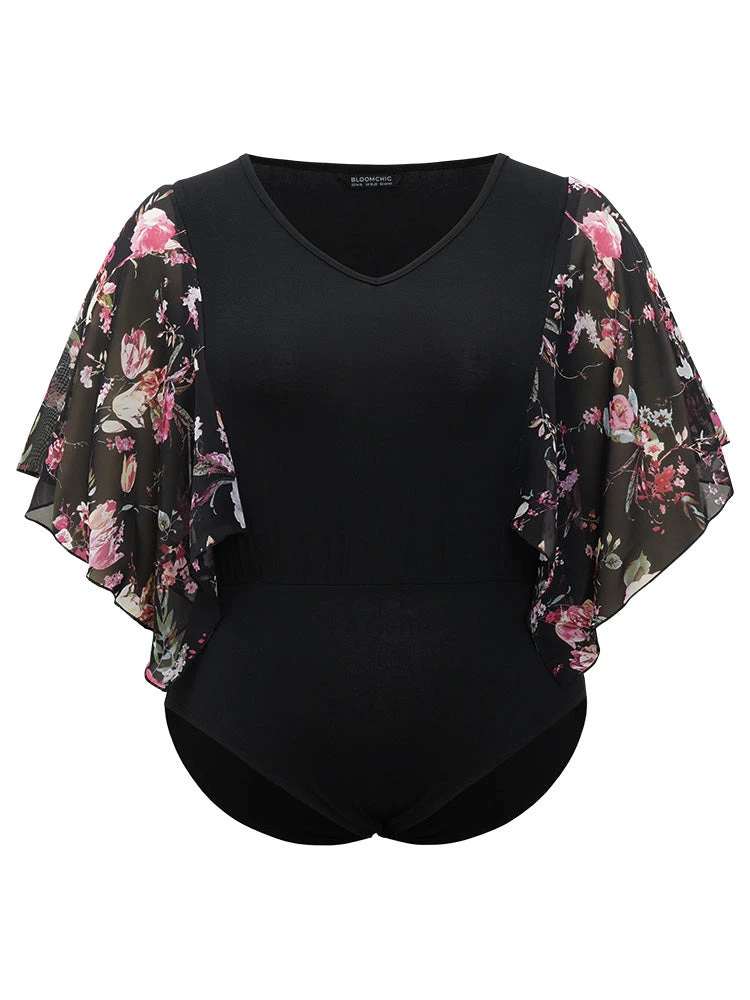Floral Print Patchwork Mesh Asymmetrical Sleeve Bodysuit 12 Floral Print Patchwork Mesh Asymmetrical Sleeve Bodysuit - Image 10