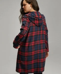 Plaid Button Through Pocket Hooded Coat -Clothing Shop 69086345 wc