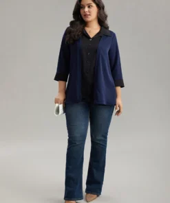 Contrast Patchwork Shirt Collar Button Through Blouse -Clothing Shop 690941673 ed