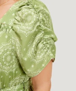 Bandana Print Ruched Sleeve Frill Trim Pocket Belt Dress -Clothing Shop 690946324 kz