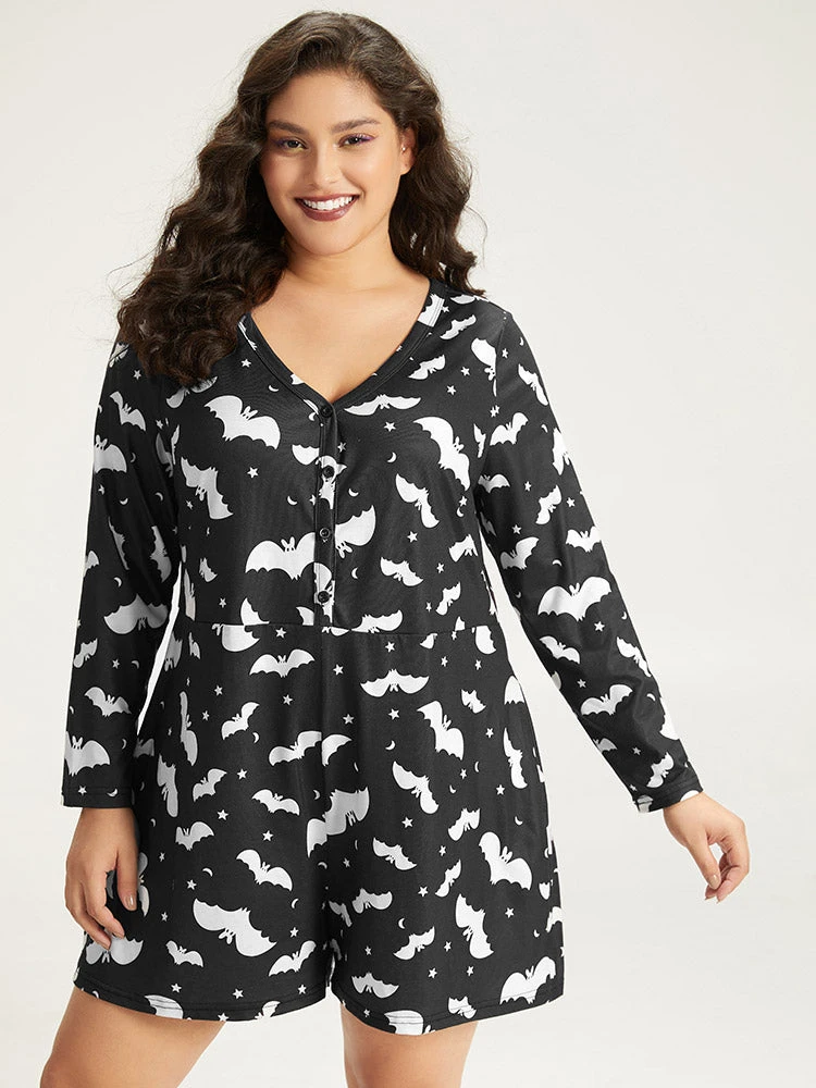 Halloween Bat Print Pocket Button Up Sleep Jumpsuit 3 Halloween Bat Print Pocket Button Up Sleep Jumpsuit