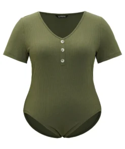 Solid Rib Knit Button Detail Bodysuit -Clothing Shop 691409077 sl