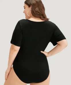 Rib Knit Asymmetrical Neck Short Sleeve Bodysuit -Clothing Shop 69191394 ra