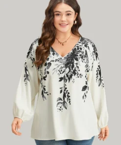 Plants Print Lantern Sleeve Button Detail Blouse -Clothing Shop 692363369 vg e68f0e76 7072 447c 94fd d97003e37437