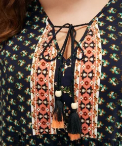 Bandana Print Lantern Sleeve Tassels Tie Neck Blouse -Clothing Shop 692423116 ub