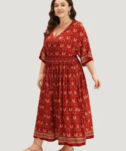 Bandana Print Batwing Sleeve Shirred Dress -Clothing Shop 693479285 yz