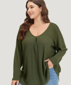 Plain Waffle Knit Scoop Neck Plicated Detail T-shirt -Clothing Shop 693564307 xm 59282d5c f7a1 490d b0d7 78df185349d4