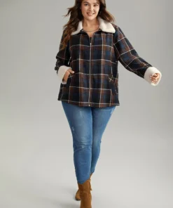 Plaid Fuzzy Trim Pocket Zipper Fly Jacket 14 Plaid Fuzzy Trim Pocket Zipper Fly Jacket -Clothing Shop 693935267 vf