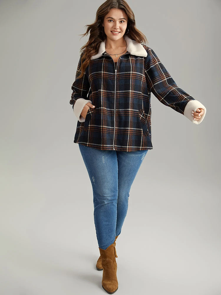 Plaid Fuzzy Trim Pocket Zipper Fly Jacket 6 Plaid Fuzzy Trim Pocket Zipper Fly Jacket - Image 4