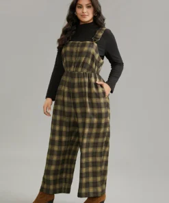 Plaid Adjustable Straps Pocket Elastic Waist Jumpsuit -Clothing Shop 693978259 eo