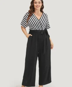 Striped Patchwork Pocket Batwing Sleeve Belted Wrap Jumpsuit 27 Striped Patchwork Pocket Batwing Sleeve Belted Wrap Jumpsuit -Clothing Shop 694078762 rw
