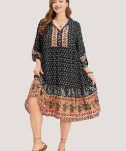 Bandana Tassels Lantern Sleeve Ruffle Pocket Keyhole Neck Dress