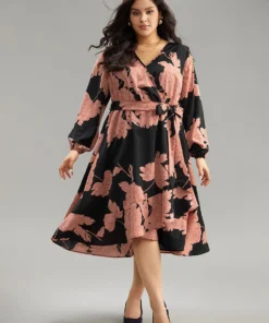 Floral Print Belted Wrap Hem Midi Dress -Clothing Shop 695551316 gr