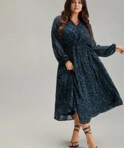 Chiffon Ditsy Floral Pocket Shirred Cuffs Dress -Clothing Shop 696213097 ry