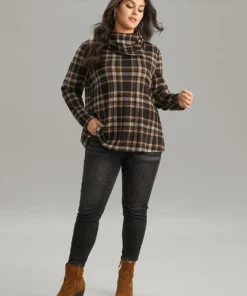 Plaid Funnel Neck Button Detail T-shirt -Clothing Shop 69639235 do