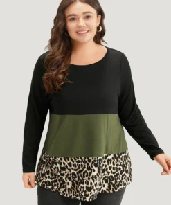 Colorblock Leopard Contrast Round Neck T-shirt -Clothing Shop 696652538 xm