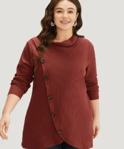 Rib Knit Mock Neck Wrap Pocket Button Detail Sweatshirt 12 Rib Knit Mock Neck Wrap Pocket Button Detail Sweatshirt -Clothing Shop 697398237 ki